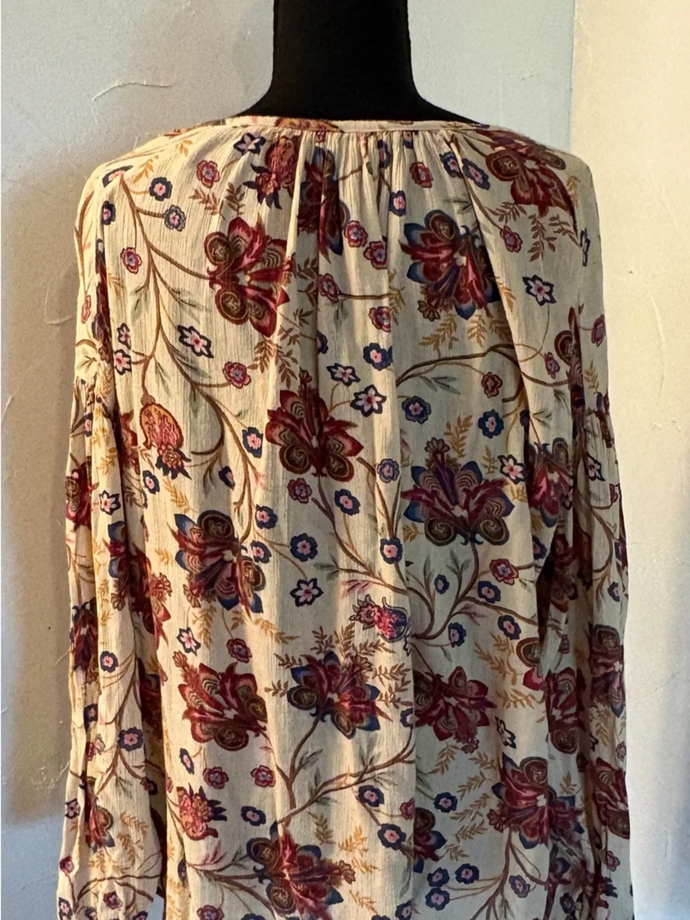 Chaps Floral Peasant Top in Cream, Burgundy and Blue - Picture 2 of 3